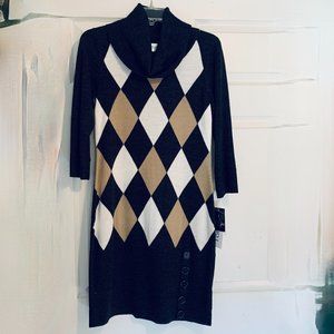 Studio I...Charcoal Grey, Tan, White Cowl Neck Dress...Size M